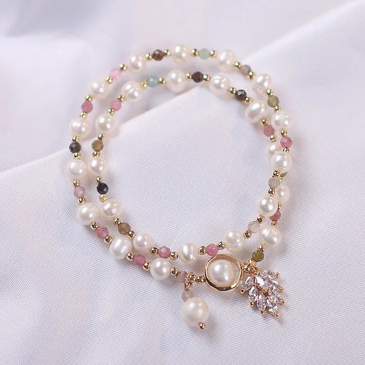 Women's strawberry quartz crystal double layer bracelet with lucky cat charm and red cat's eye flowers decoration