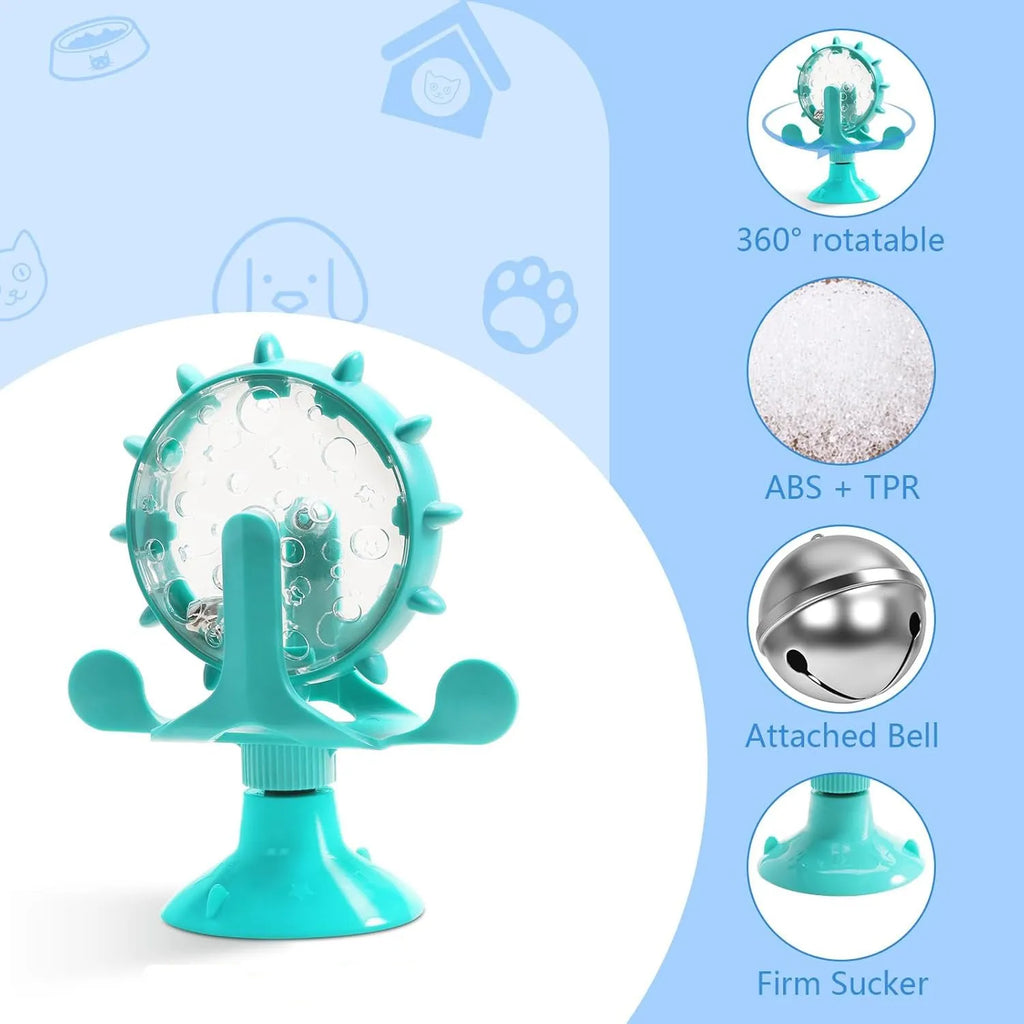 Interactive pet puzzle feeder toy with rotating spinner and sucker base in multiple colours