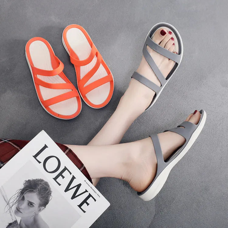 A pair of casual solid-colour women's sandals with a breathable PP upper, shown in one of six available colours.
