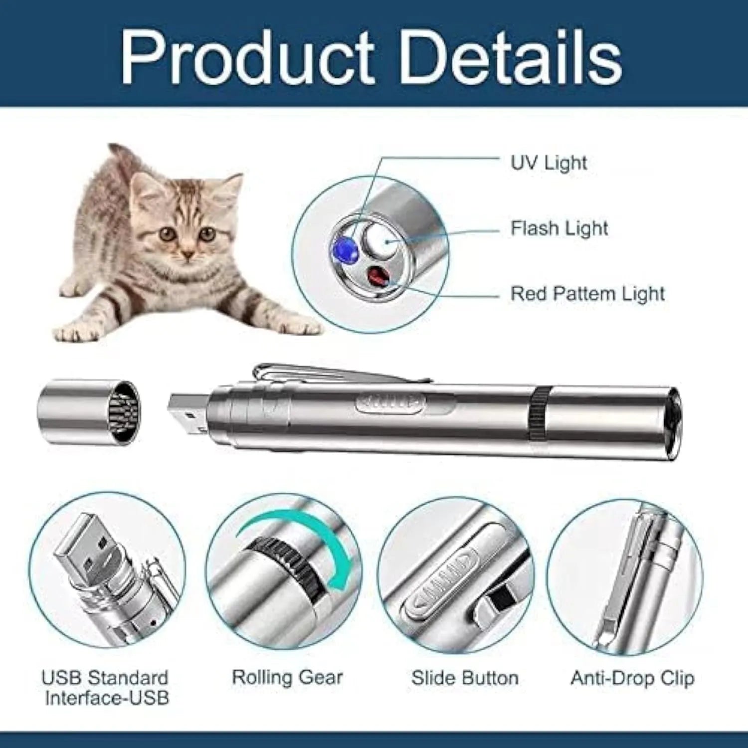 Silver aluminium alloy cat laser pointer wand with USB charging port and pattern selection gear