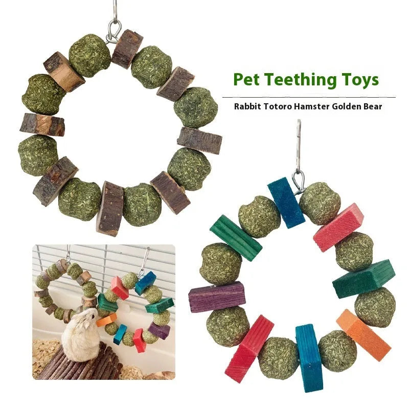 Hamster chew toy featuring an applewood rod with an attached woven straw ball ring.