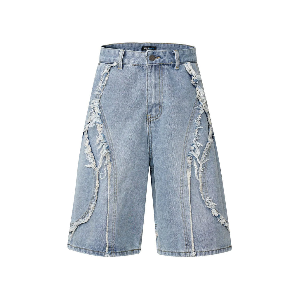Men's distressed denim shorts with raw edge detailing in straight cut hip hop style