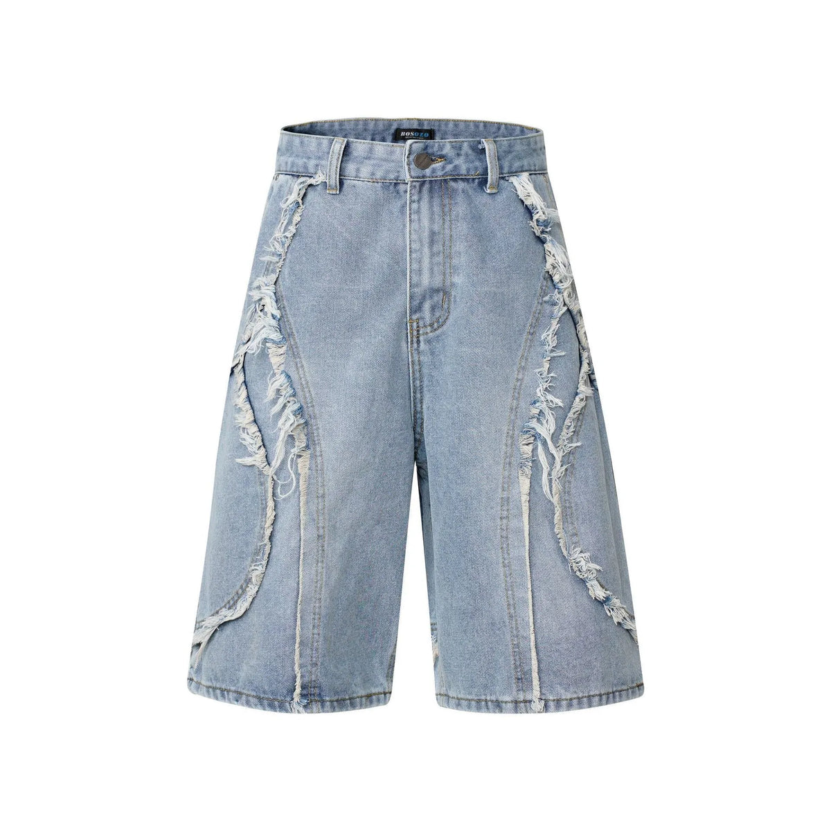 Men's distressed denim shorts with raw edge detailing in straight cut hip hop style