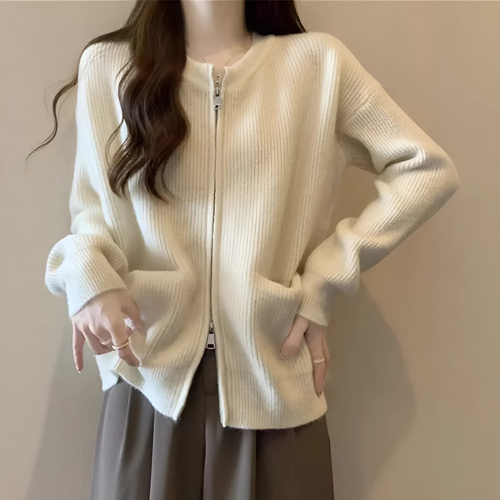 Beige viscose fibre soft wind sweater coat cardigan with long sleeves laid flat