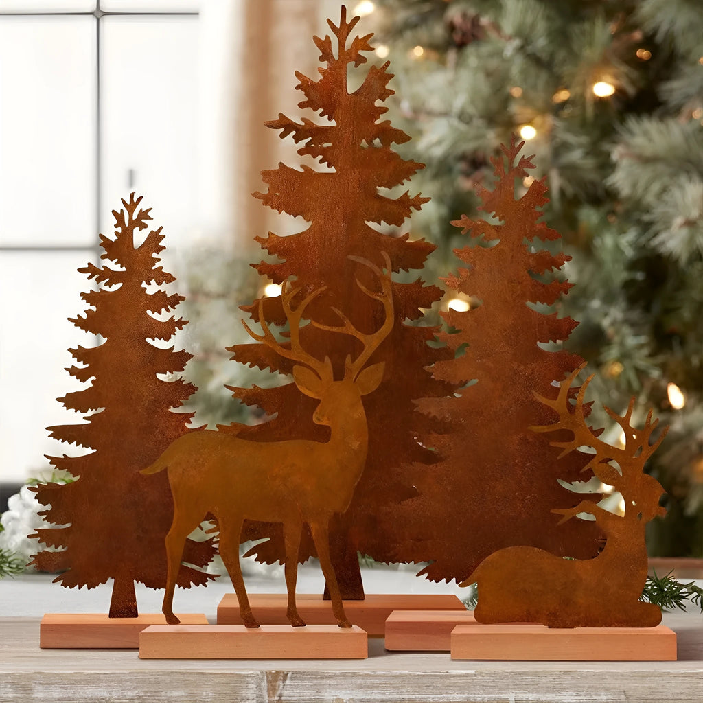 Set of three rustic metal Christmas tree ornaments with integrated elk designs, iron construction, antiqued finish.