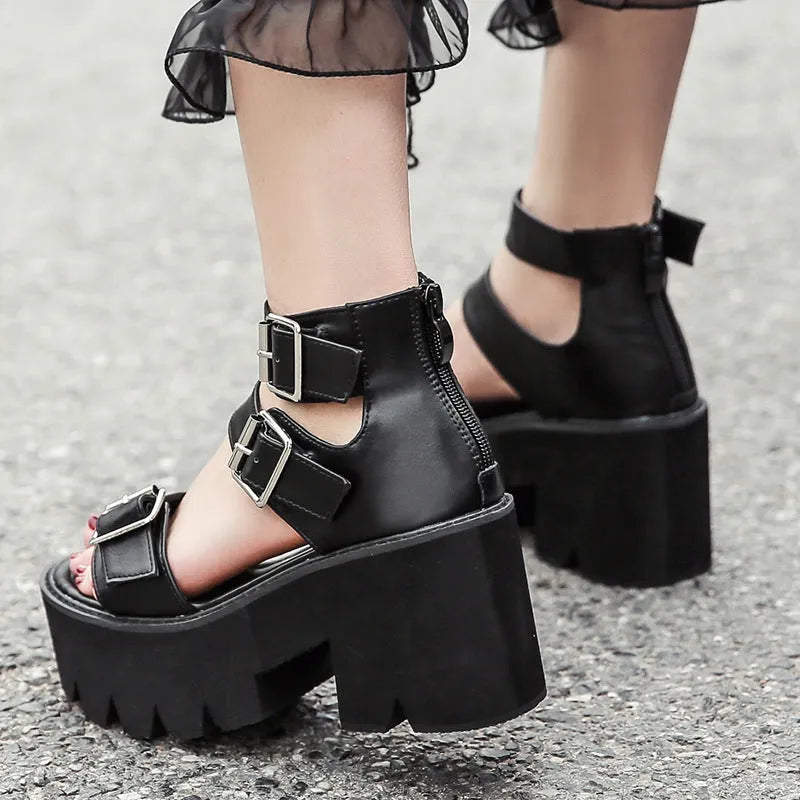 Black women's punk Harajuku sandals with chunky platform heel and rear zipper.
