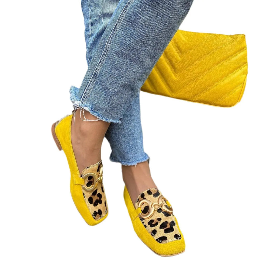 Low heel suede casual women's shoes in yellow with round toe and flat heel