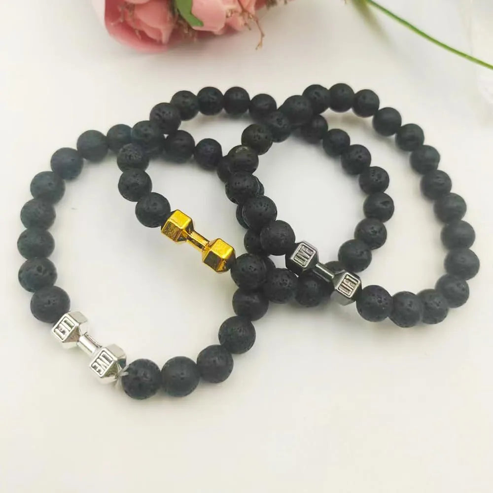Men's 18cm alloy dumbbell bracelet with volcanic stone beads on elastic cord in volcanic black