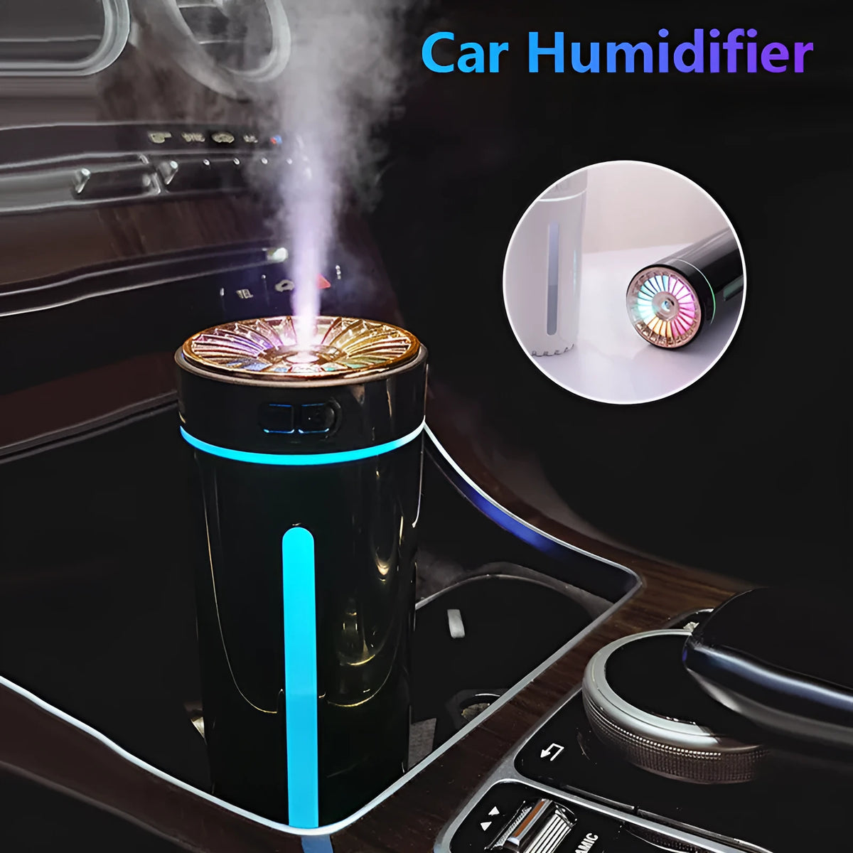 Black portable USB humidifier with colourful lights on car dashboard