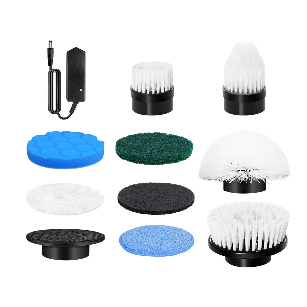 White handheld cleaning brush with lithium battery and multiple cleaning accessories
