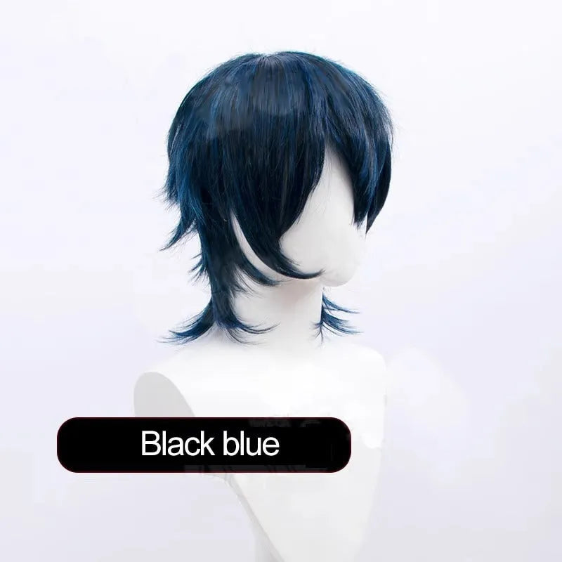 Men's short hair anime cosplay wig in high-temperature synthetic fibre on a stand