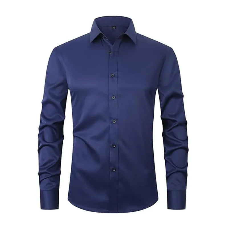 Man wearing a stretch long sleeve polyester work shirt in a solid colour, showing the fit and long sleeve design.