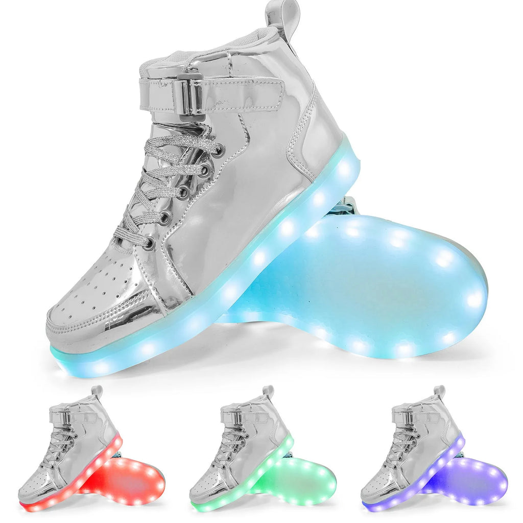 Adult unisex black LED high-top shoes with velcro strap and glowing sole lights.