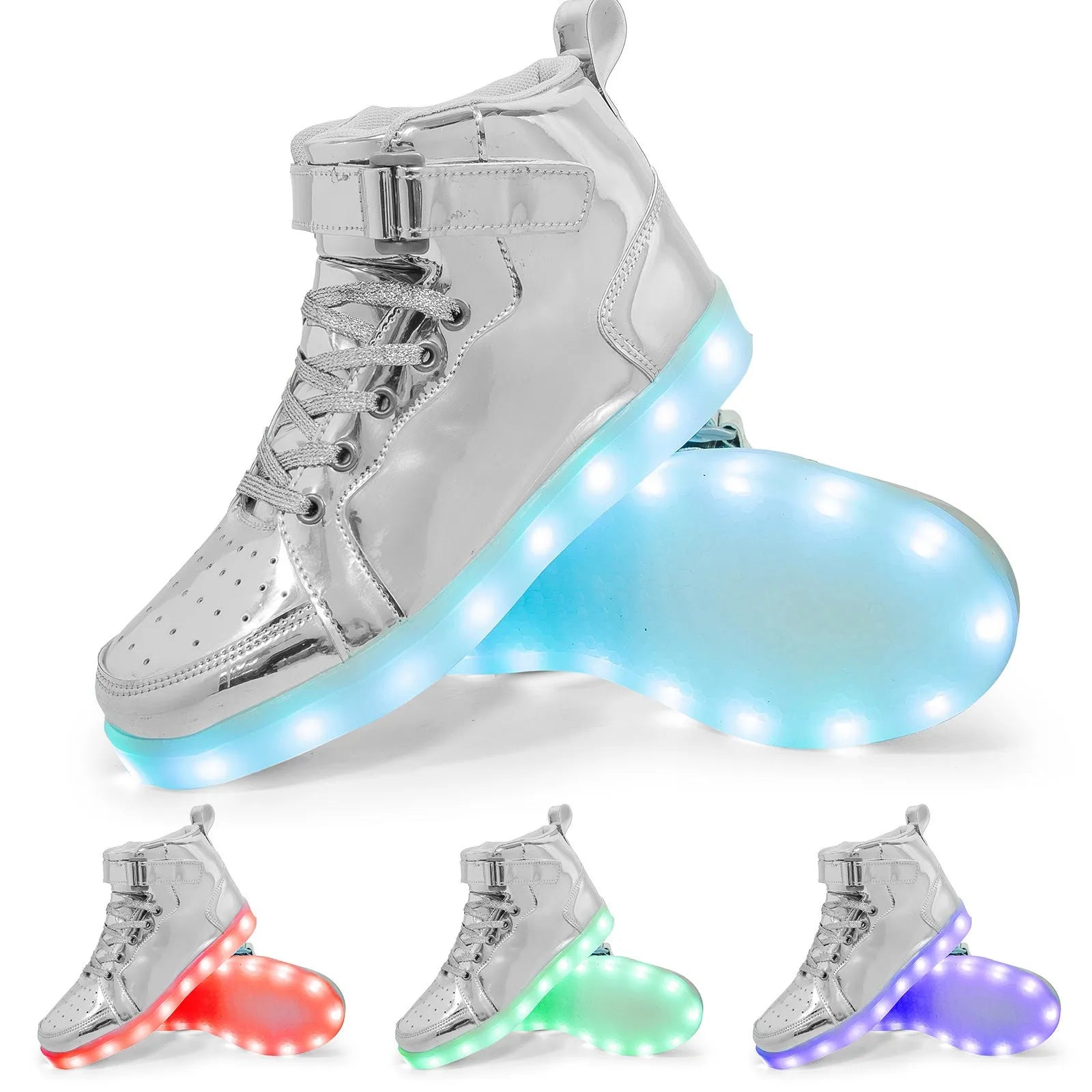 Adult unisex black LED high-top shoes with velcro strap and glowing sole lights.