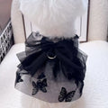 Black tulle princess skirt pet costume on small dog with size chart showing five available sizes