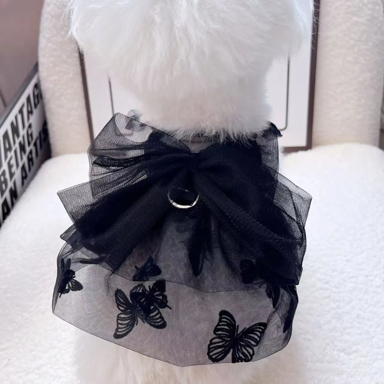 Black tulle princess skirt pet costume on small dog with size chart showing five available sizes