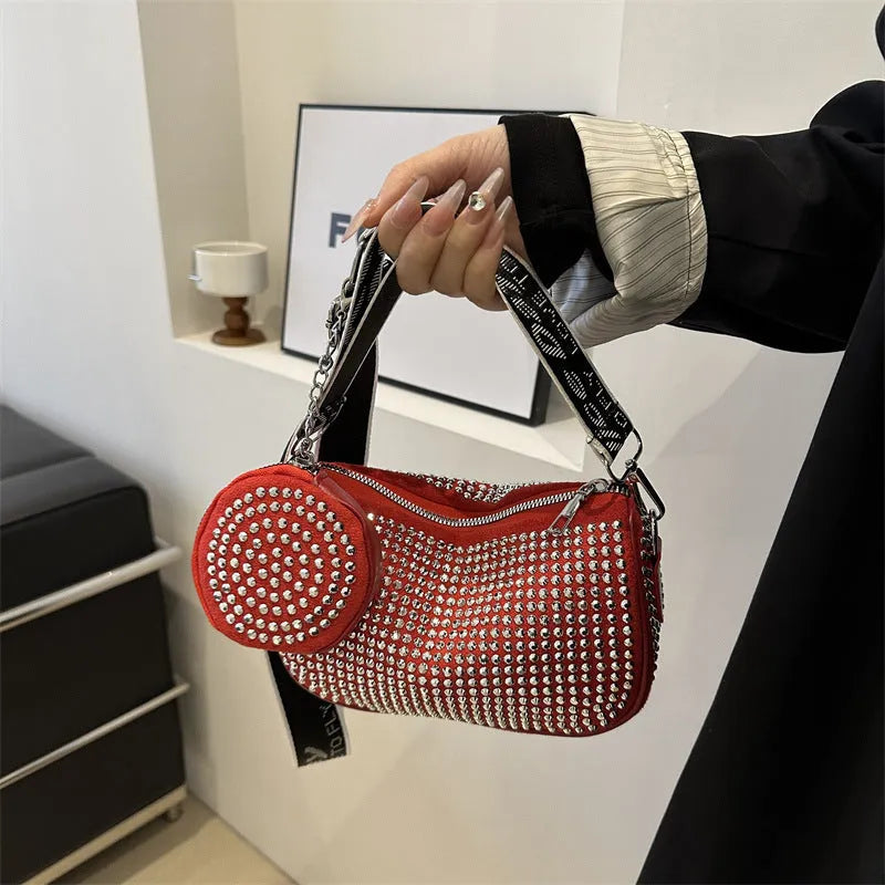 Rhinestone shoulder bag with small purse in black Oxford cloth for women