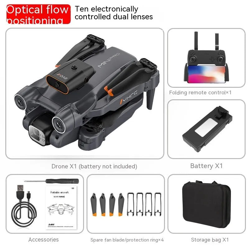 Black and orange remote-controlled quadcopter drone with four propellers, shown folded and unfolded.