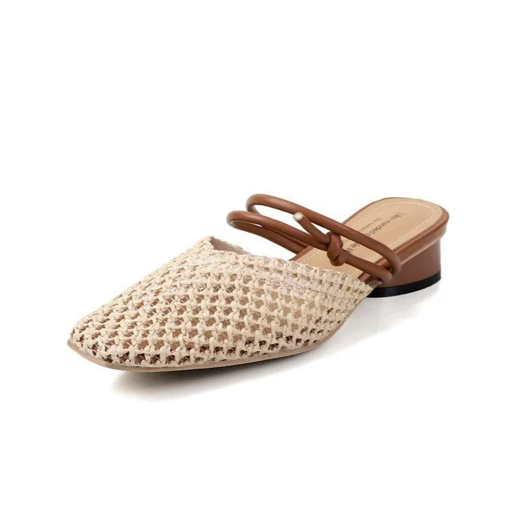 Women's black retro square toe slippers with chunky mid heel and breathable hollow-out PU upper.