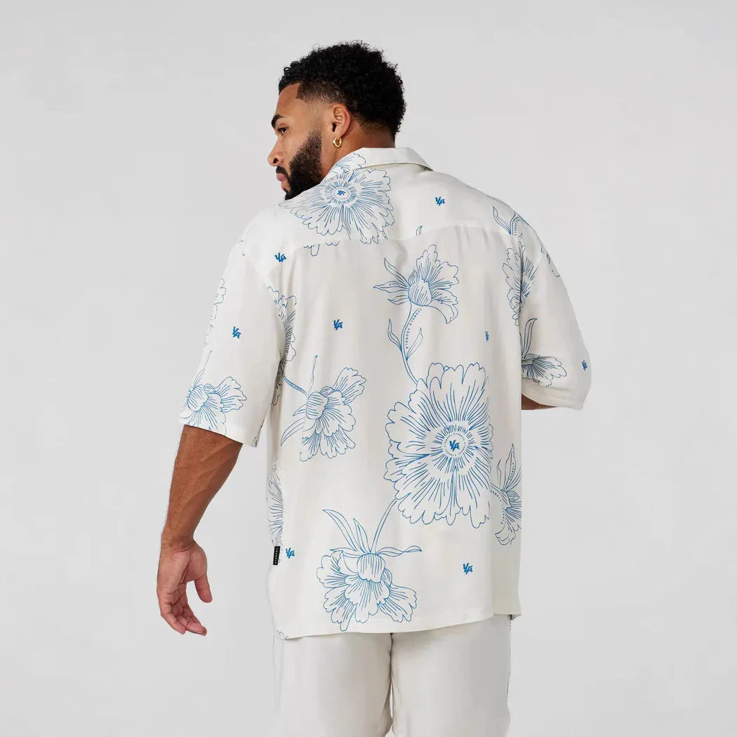 Men's loose fit short sleeve top with floral pattern in polyester elastic fabric for summer