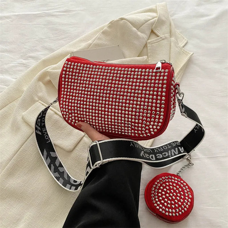 Rhinestone shoulder bag with small purse in black Oxford cloth for women