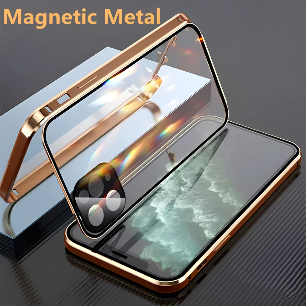 Aluminium iPhone bumper case with tempered glass panels in black, blue, red, and silver colour options