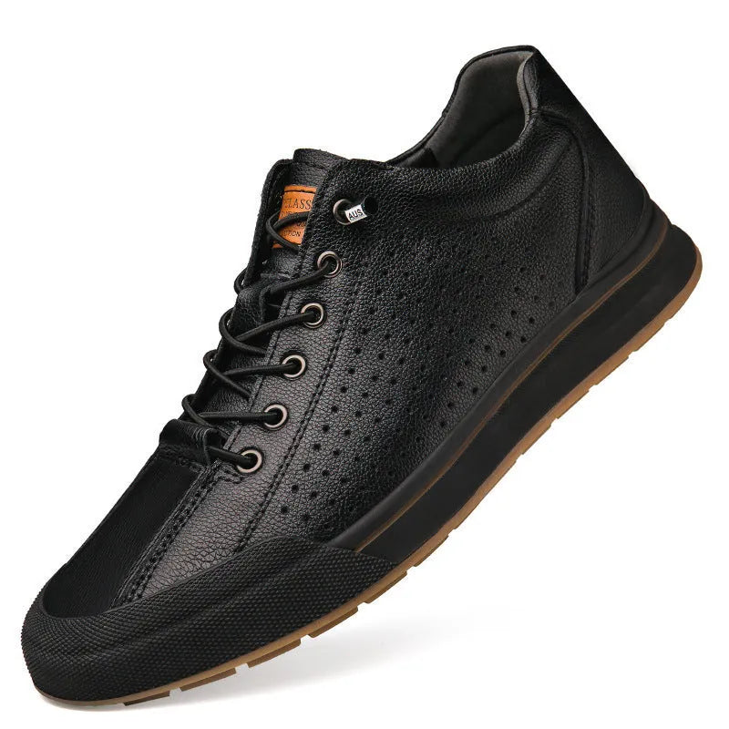 Men's white and black leather lace-up casual trainers with round toe and flat heel