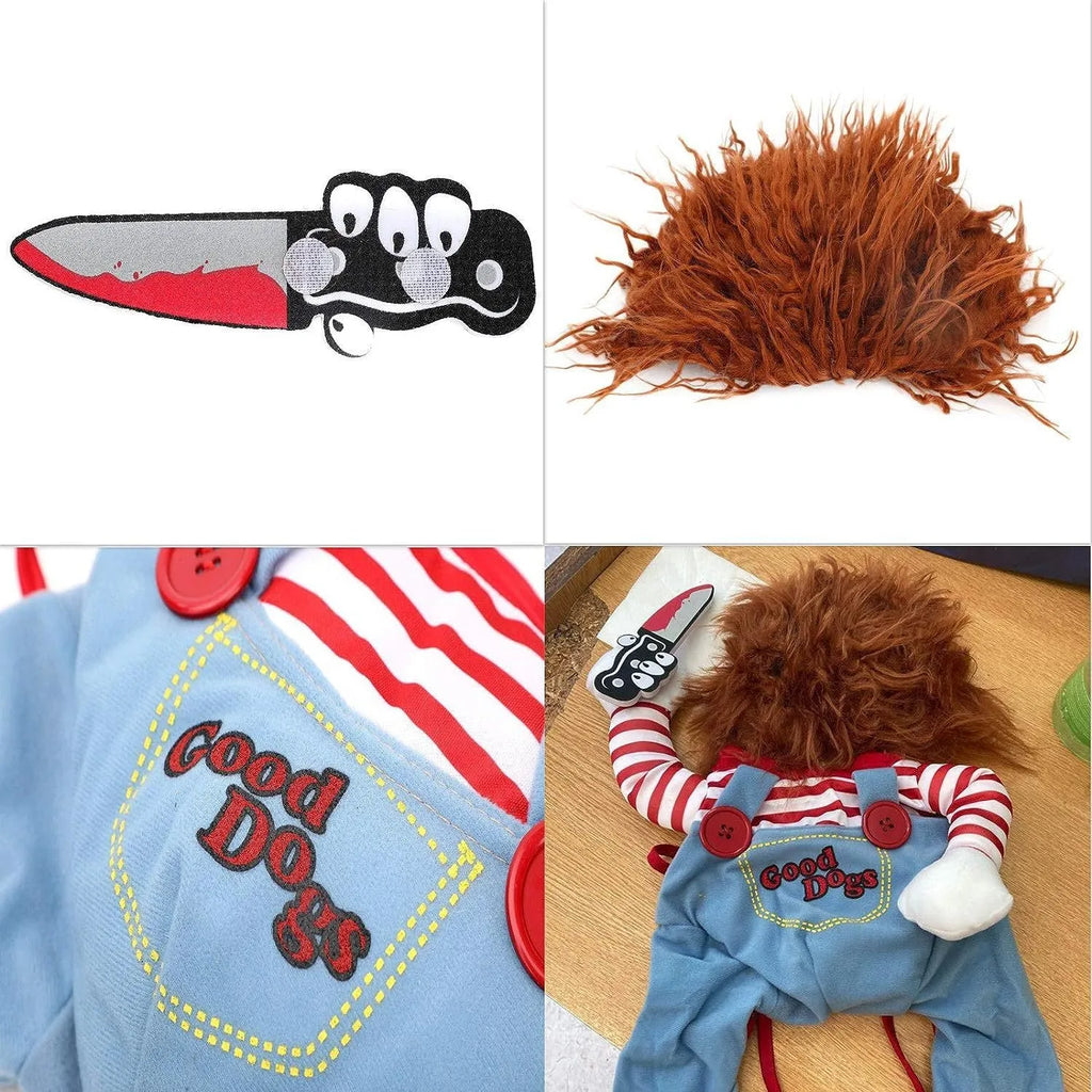 Halloween striped harness pants costume 3-piece set for dogs and cats with toy knife accessory