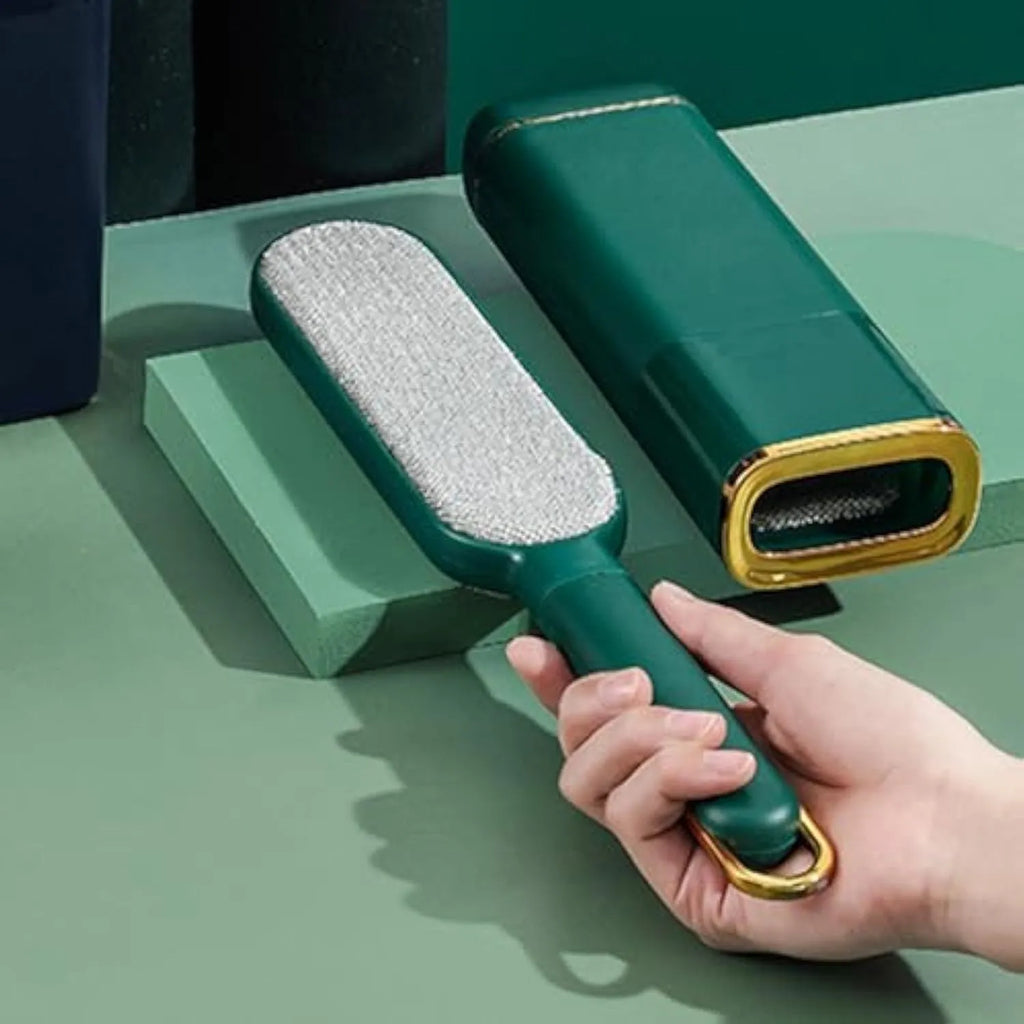 Double-sided pet hair remover brush with storage box for cleaning clothes and furniture