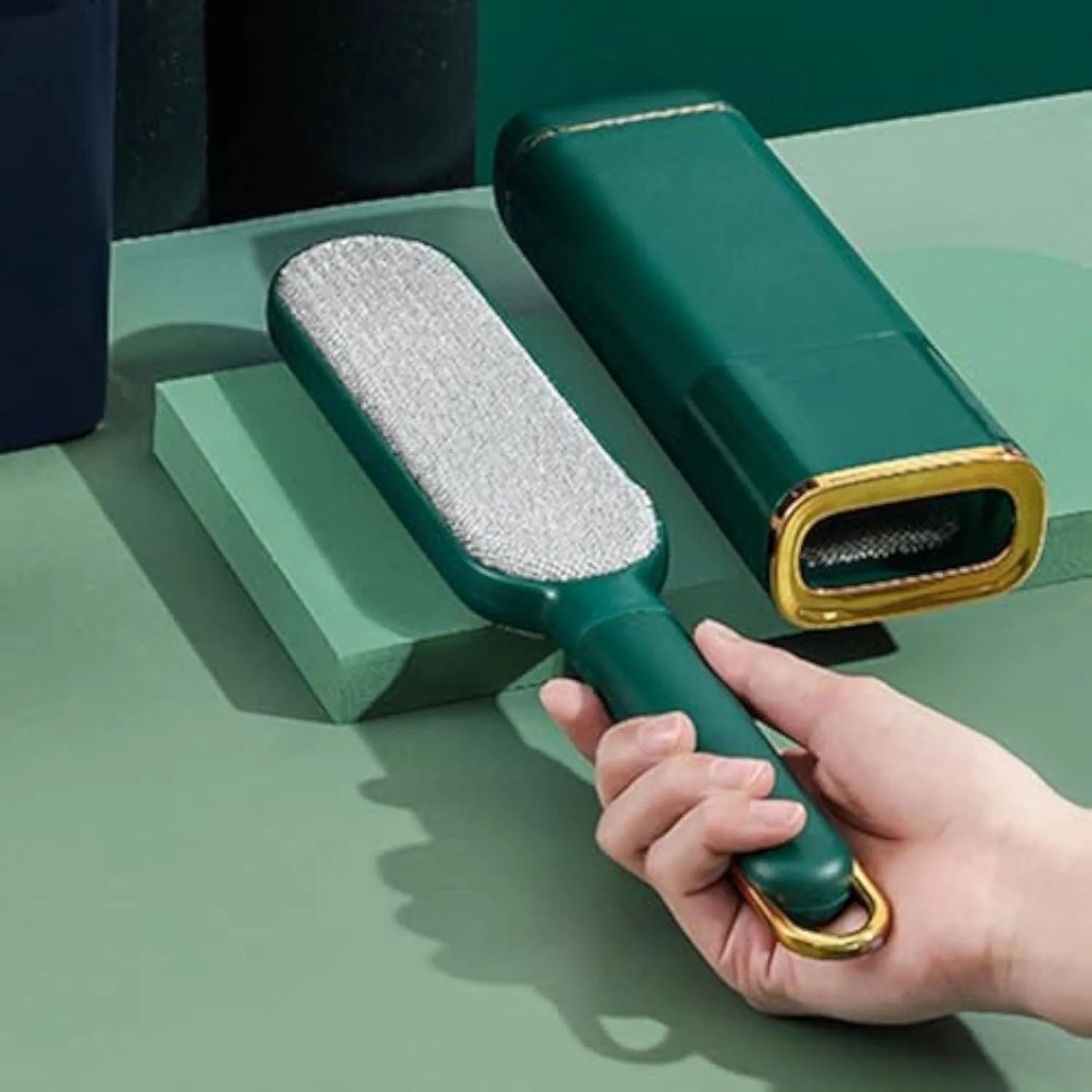 Double-sided pet hair remover brush with storage box for cleaning clothes and furniture
