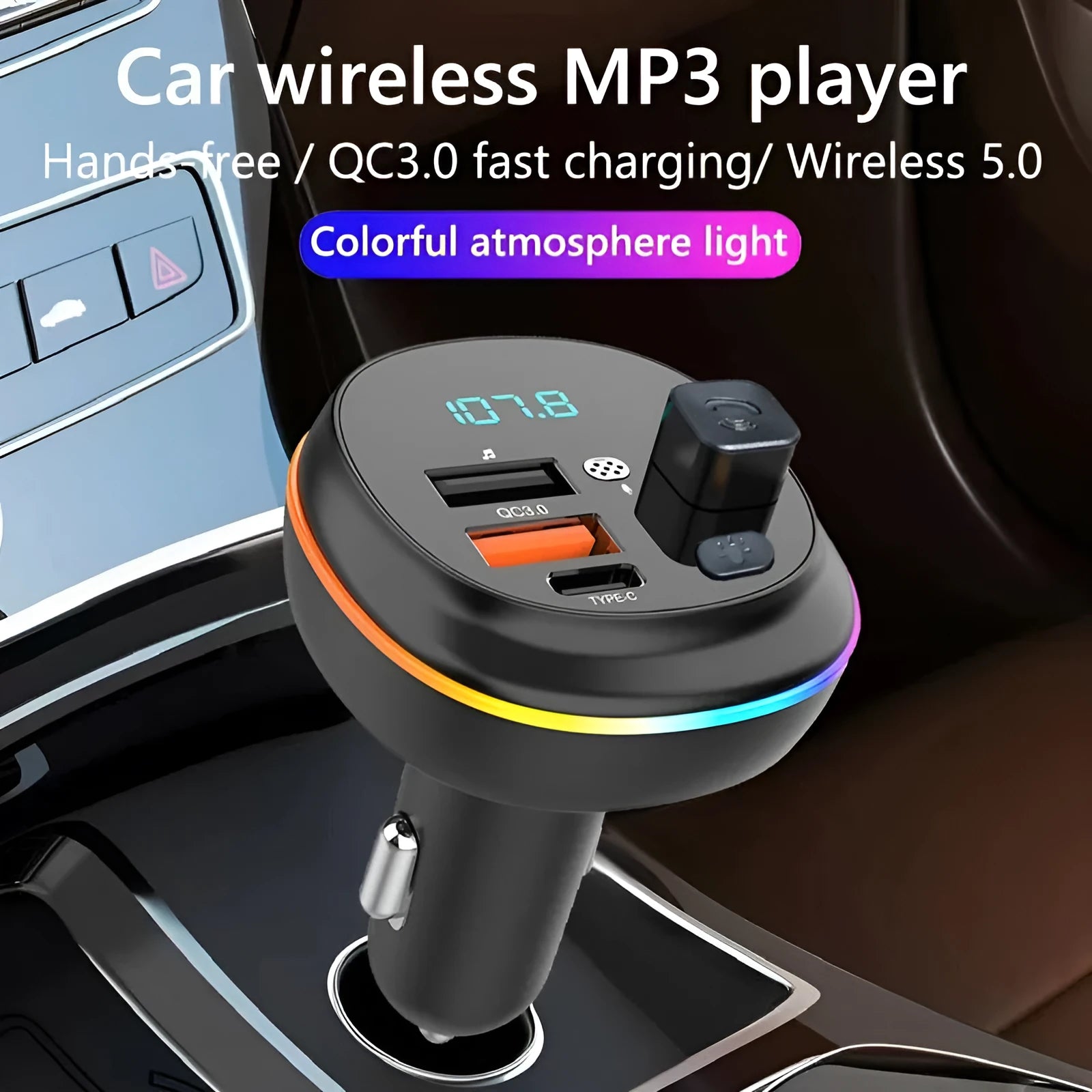 Car FM transmitter Bluetooth hands-free kit with 1.2-inch display and ABS body, plugged into cigarette lighter socket