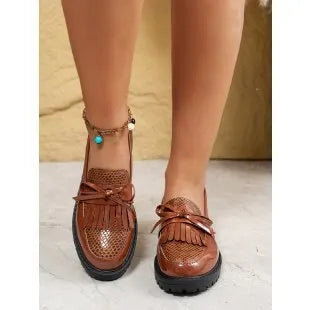 Women's brown and black bow loafers with PU upper in various sizes for spring and autumn wear
