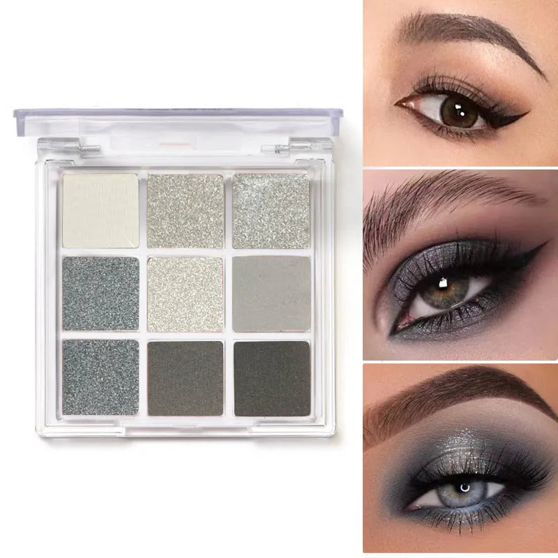 INS style nine-colour smoked eyeshadow palette showing white, silver, black, and iron grey shades