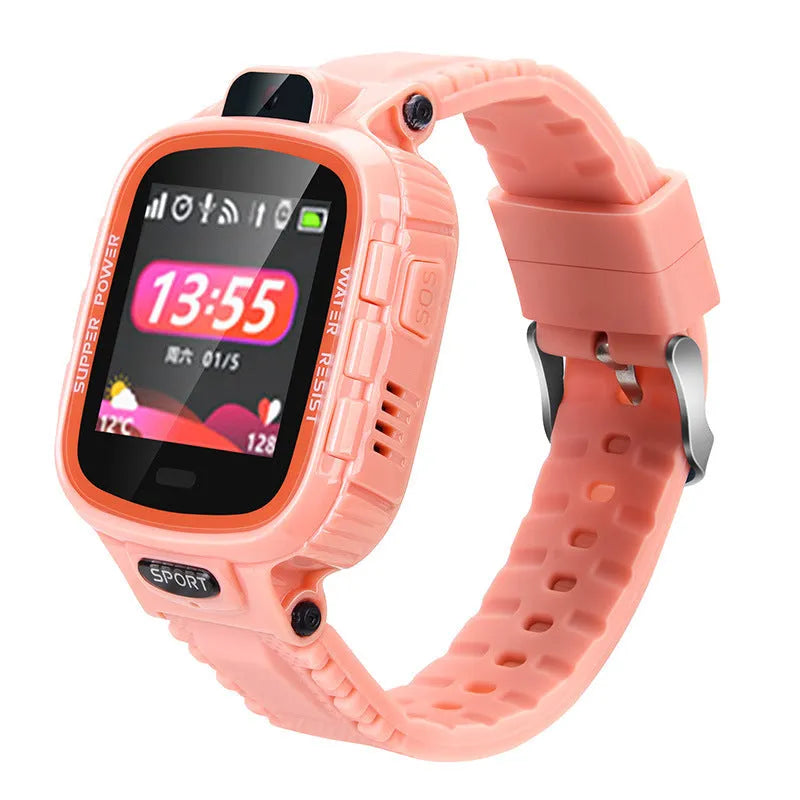 Children's phone watch with 1.44in touch screen, GPS and camera, 35x42x15mm, pink blue black