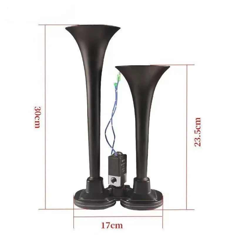 Black dual trumpet air horn and compressor kit for 12V and 24V vehicle installation.