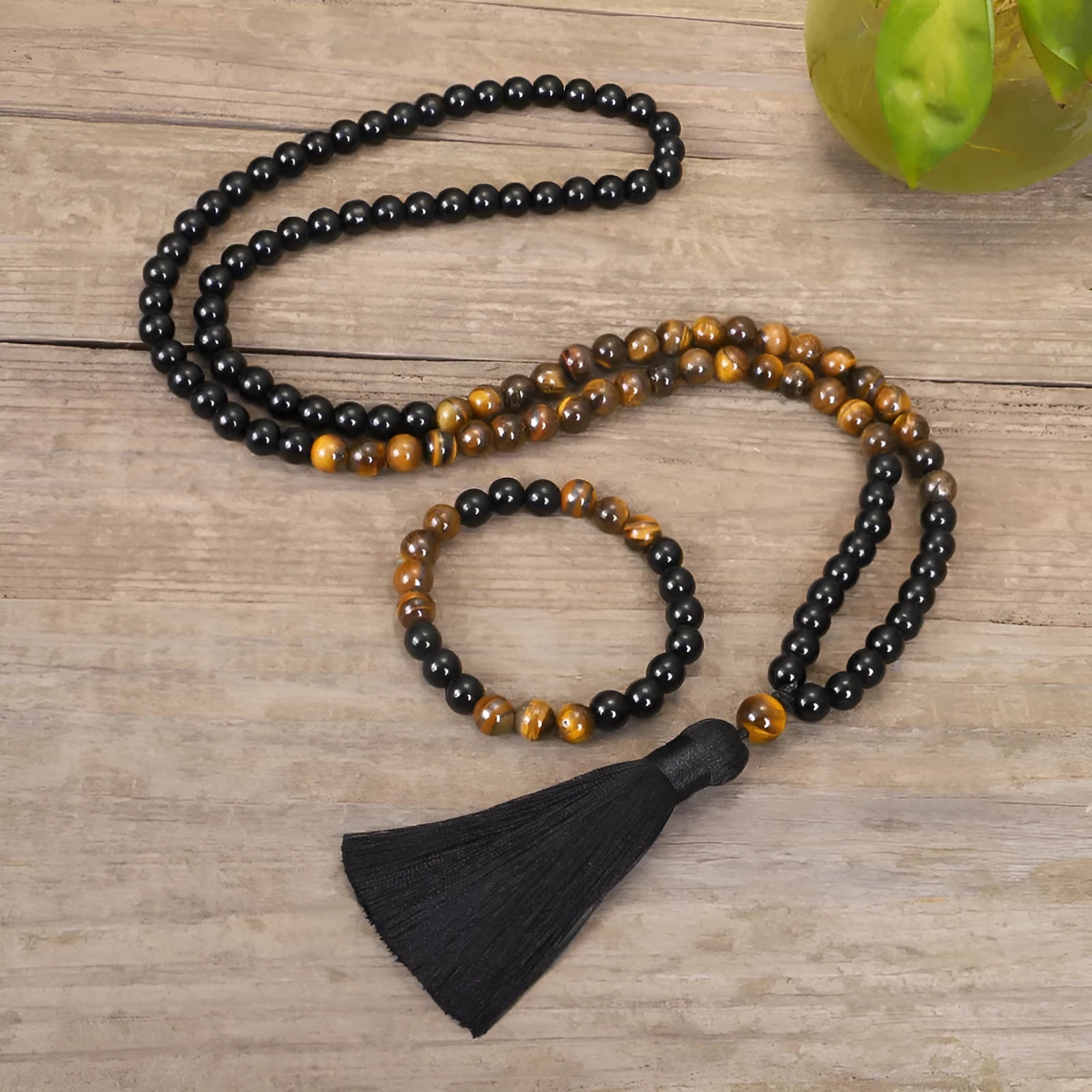 Tiger eye stone tassel necklace bracelet with adjustable 81cm circumference and drop shape pendant