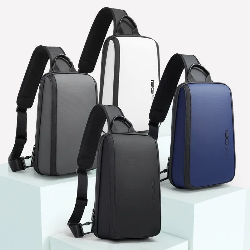 Blue Oxford cloth men's chest bag with adjustable shoulder strap showing front compartment