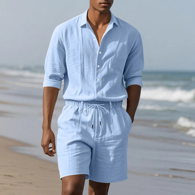 Men's linen blend long sleeve shirt and matching shorts set in light blue colour