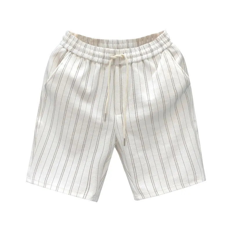 Men's black and white striped casual shorts with fleece lining and elastic waistband