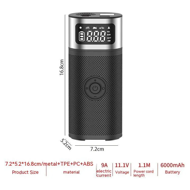Black portable wireless smart vehicle air pump with hoses and nozzles on a storage bag.
