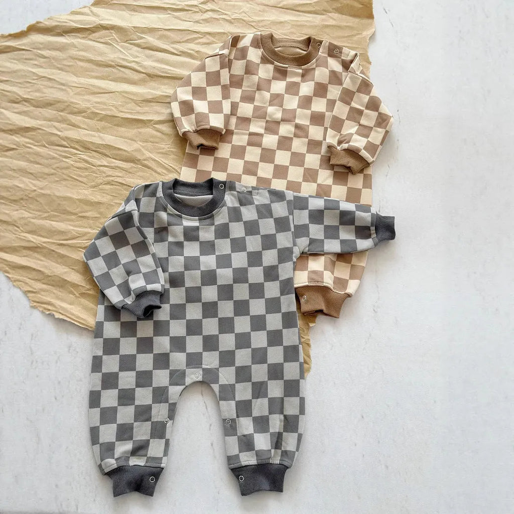 Baby cotton crawler suit long sleeve short climb style in light brown grid neutral design spring autumn