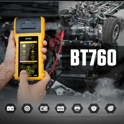 Autool BT760 digital vehicle battery tester with colour screen and thermal printer on a workshop bench.