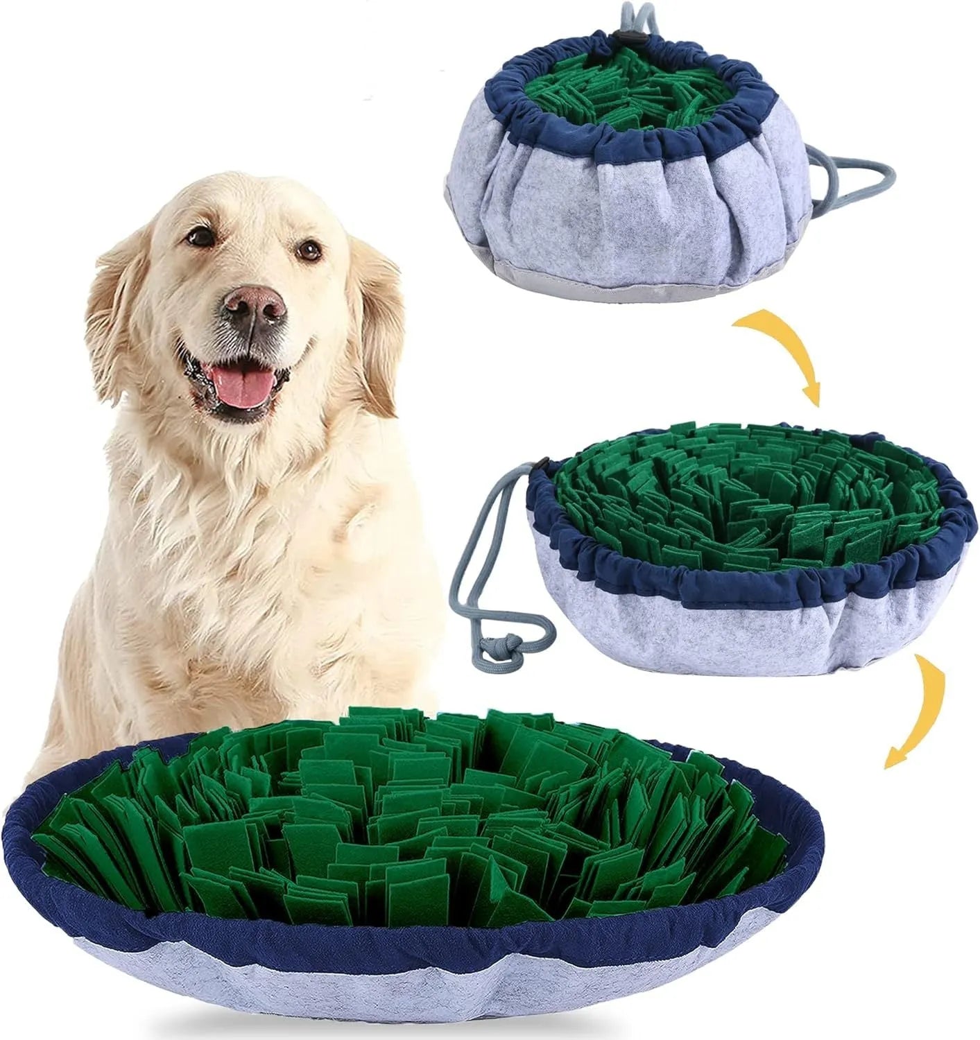 Blue adjustable dog snuffle mat spread out showing foraging folds for slow feeding