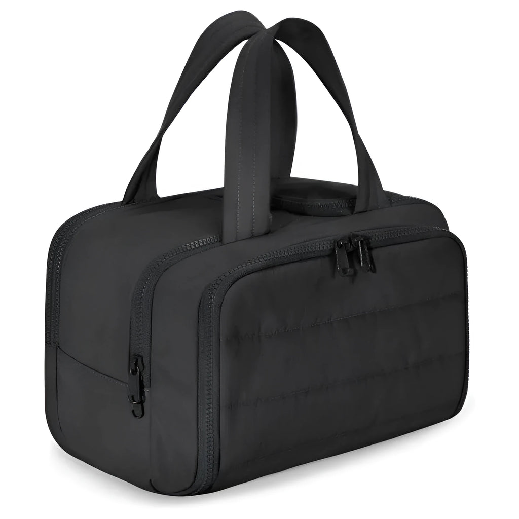 Lightweight polyester travel toiletry bag with wide opening and fluffy lining in multiple colour options