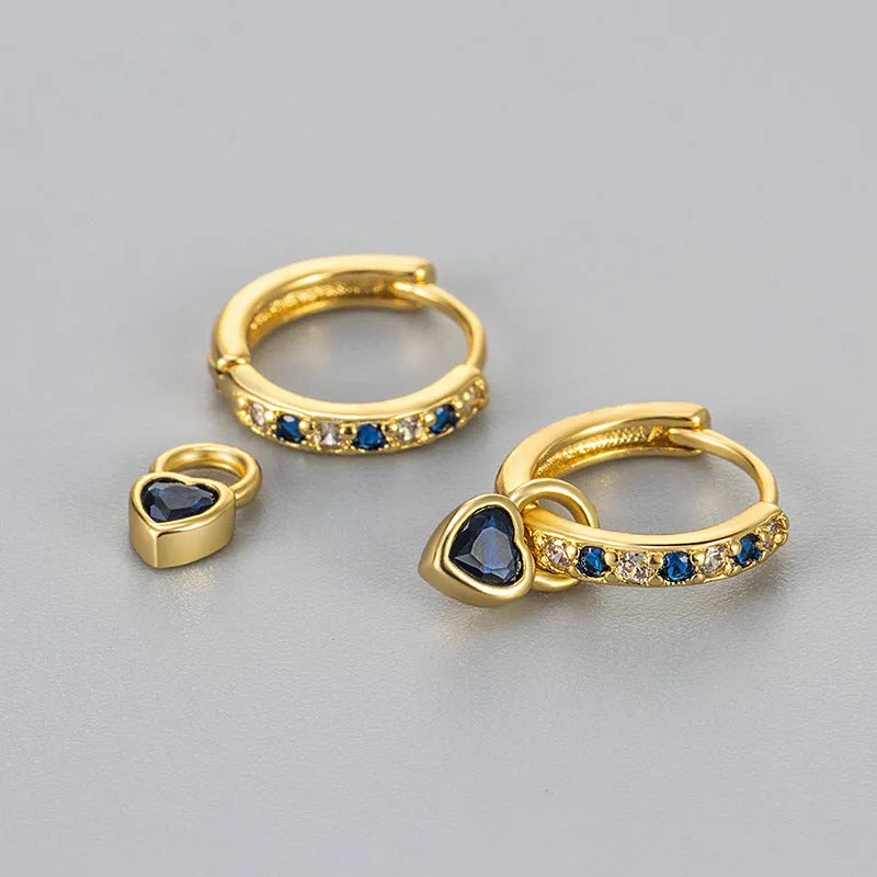 Women's heart-shaped zircon earrings with coloured gemstone centre and gold or white gold plating