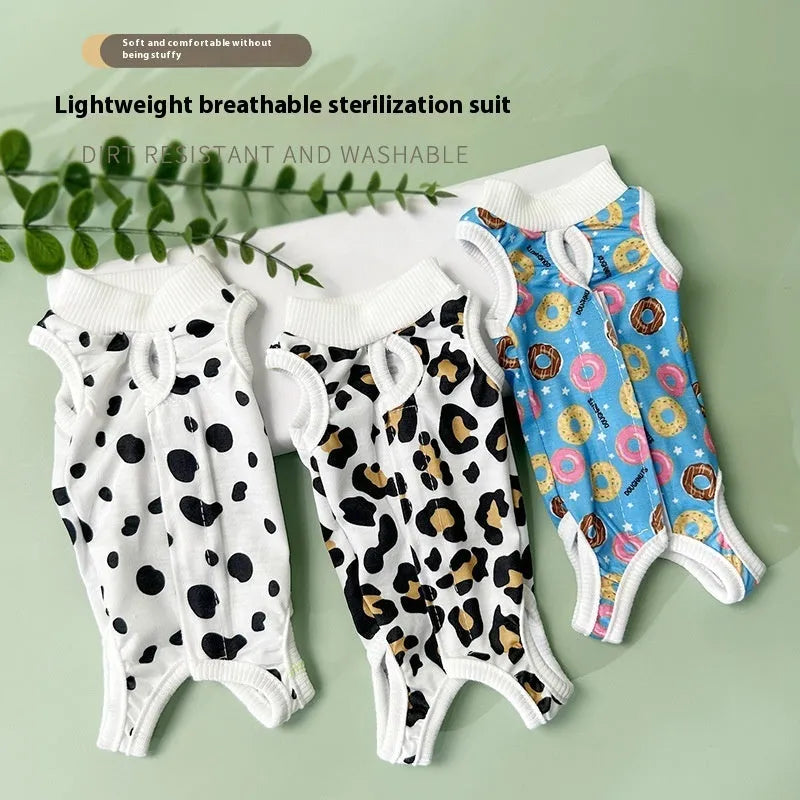 Breathable cotton cat sterilization suit for female recovery, leopard print pattern, side view on cat
