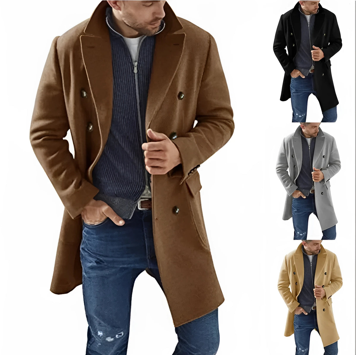 Woolen men's coat warm padded jacket solid colour black front view