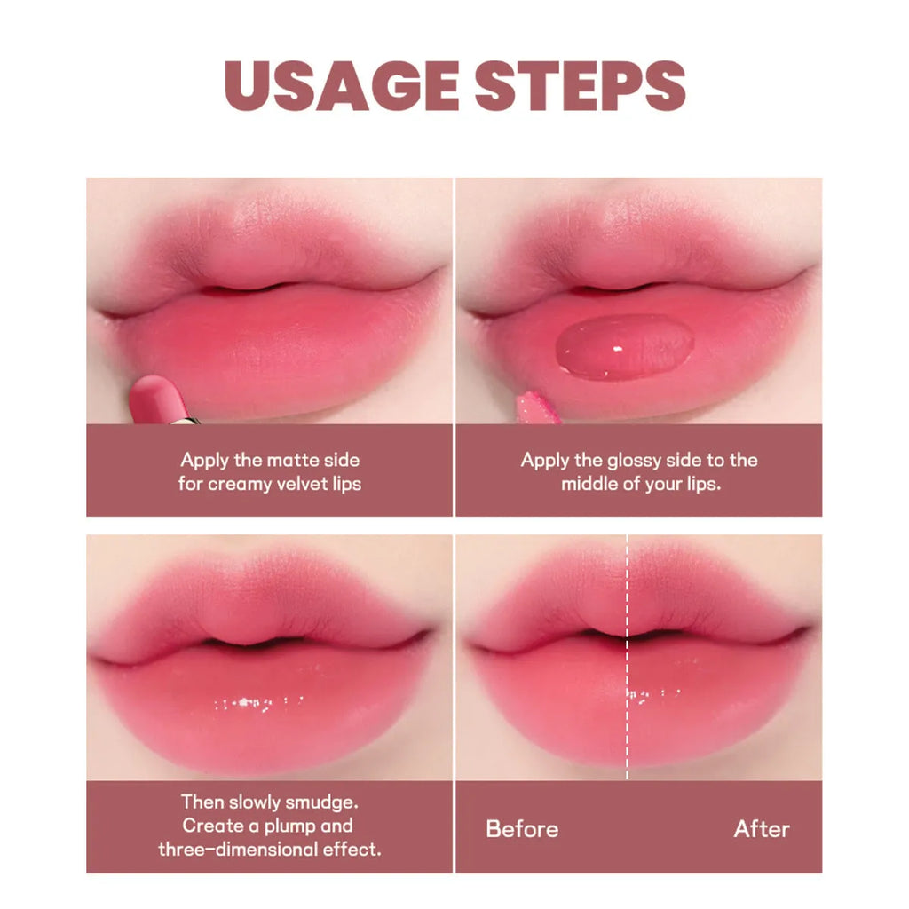 Double-headed lipstick and lip gloss in matte finish showing ten colour options 01 to 10