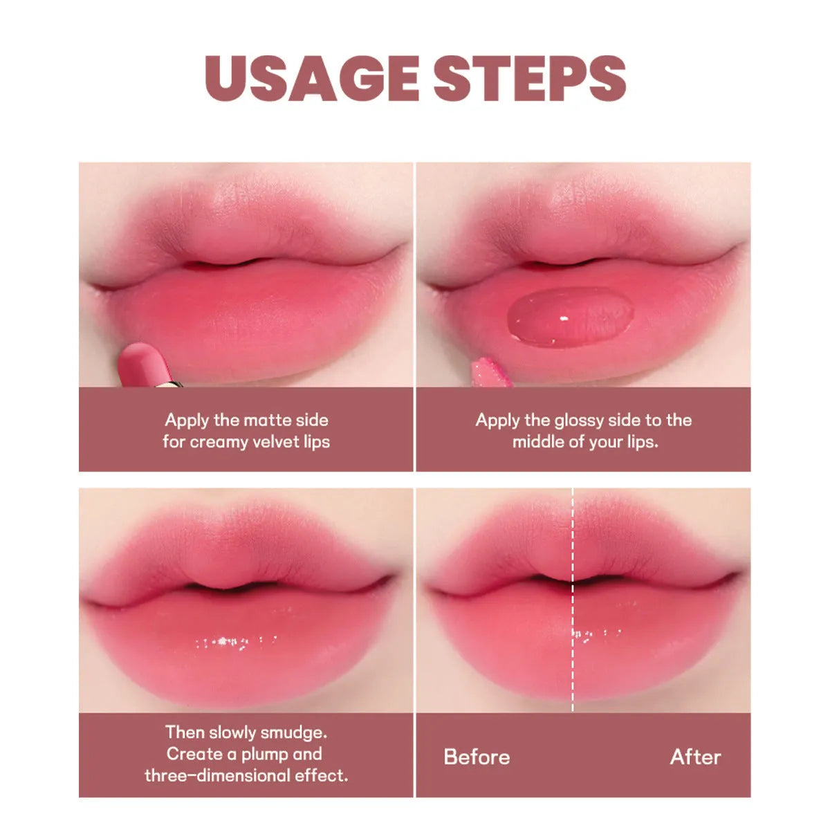 Double-headed lipstick and lip gloss in matte finish showing ten colour options 01 to 10