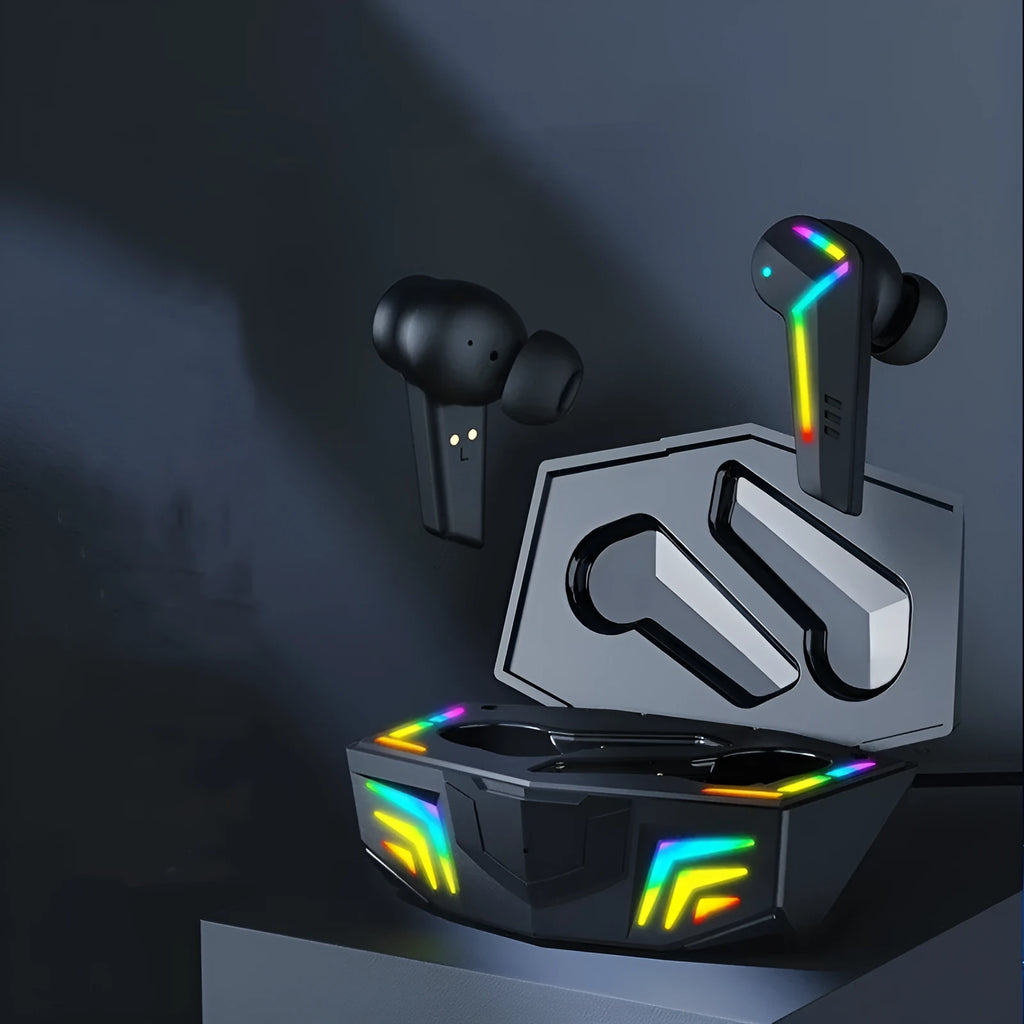 Small black wireless TWS Bluetooth gaming headset with earplug design